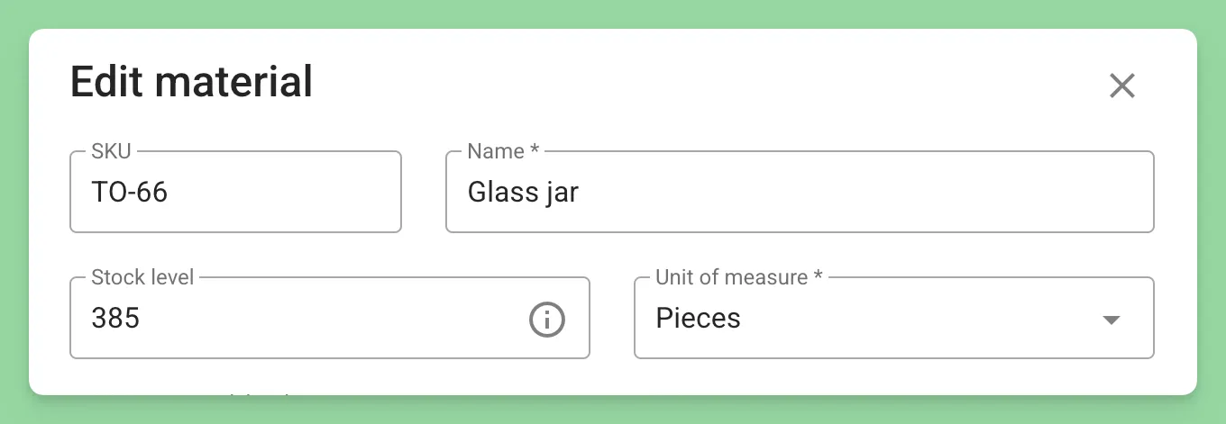 SKU for materials